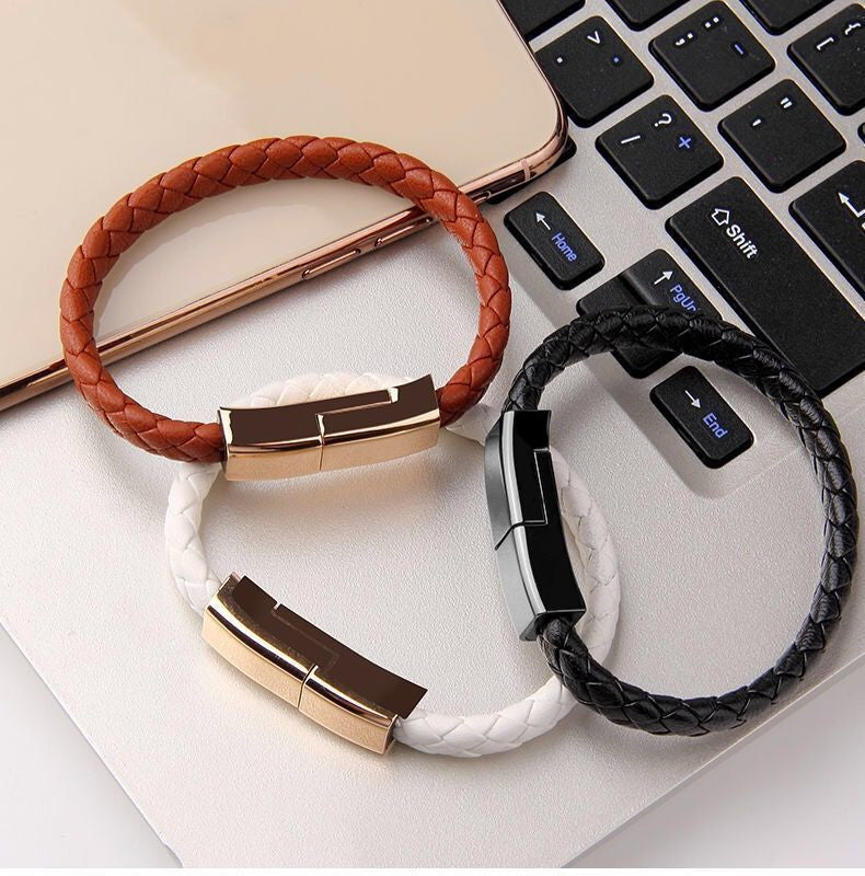 Bracelet charging cable worn on wrist as a woven band