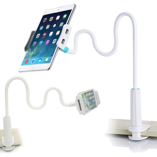 Adjustable gooseneck phone holder bent into position on a desk