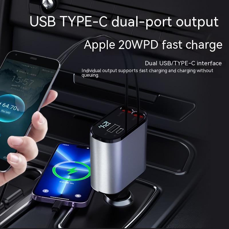 Metal 100W car charger shown plugged into a car cigarette lighter socket