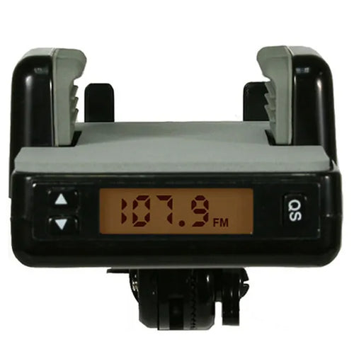 FM transmitter car adapter mounted in car with phone held in stand