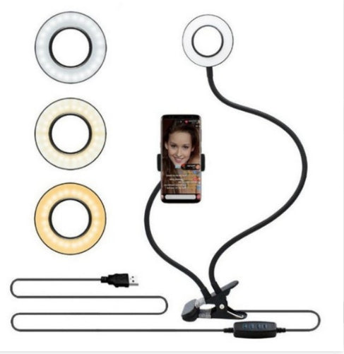 Compact 8cm LED ring light shown on desk stand