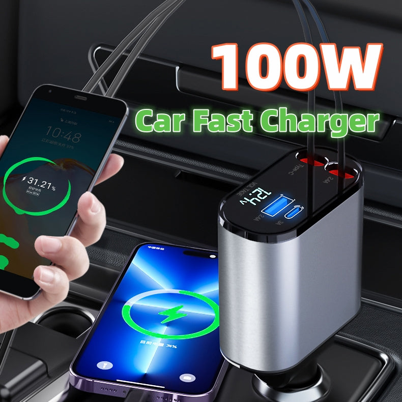 100W PD fast charging car charger compatible with iPhone Samsung and laptops